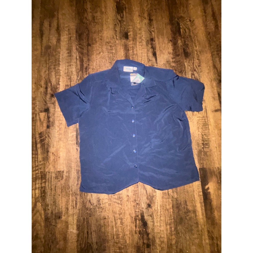 National Womens Navy Blue Short Sleeve Button Up Shirt Petite Large NWT